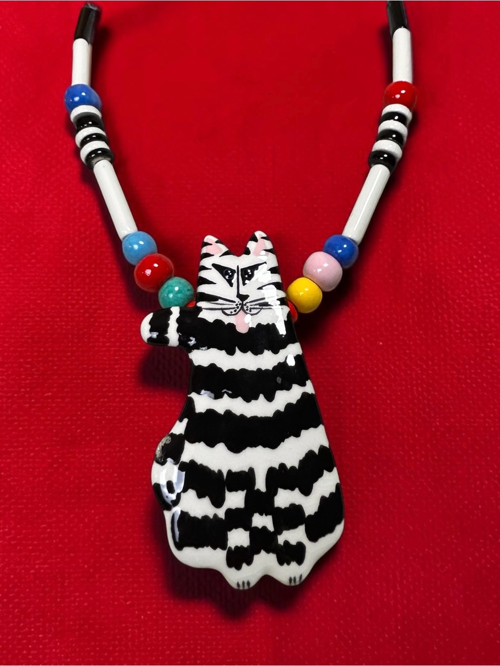 VINTAGE Ruby Z Ceramic Striped Cat Necklace Candace Loheed Rare 80s Collectible